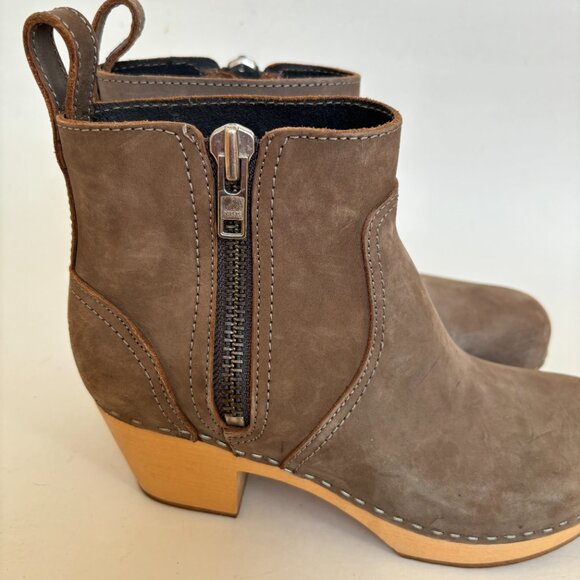 Swedish Hasbeens Boots Heel Zip It Emy Clog Toffel Ankle Taupe Tan Suede 38 8 - Picture 6 of 14